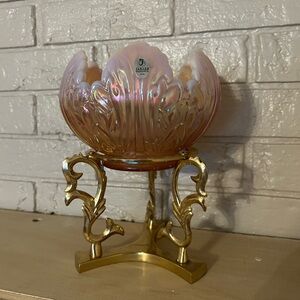 Fenton Iridescent Pink Carnival Glass Flower Bowl on Gold Stand